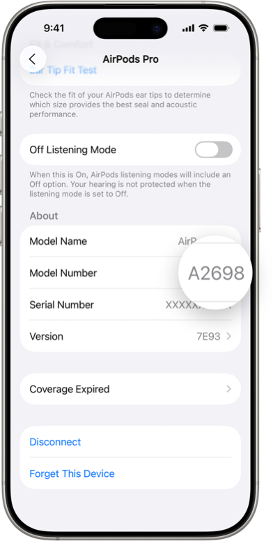 Numărul modelului AirPods în setările Bluetooth ale unui iPhone